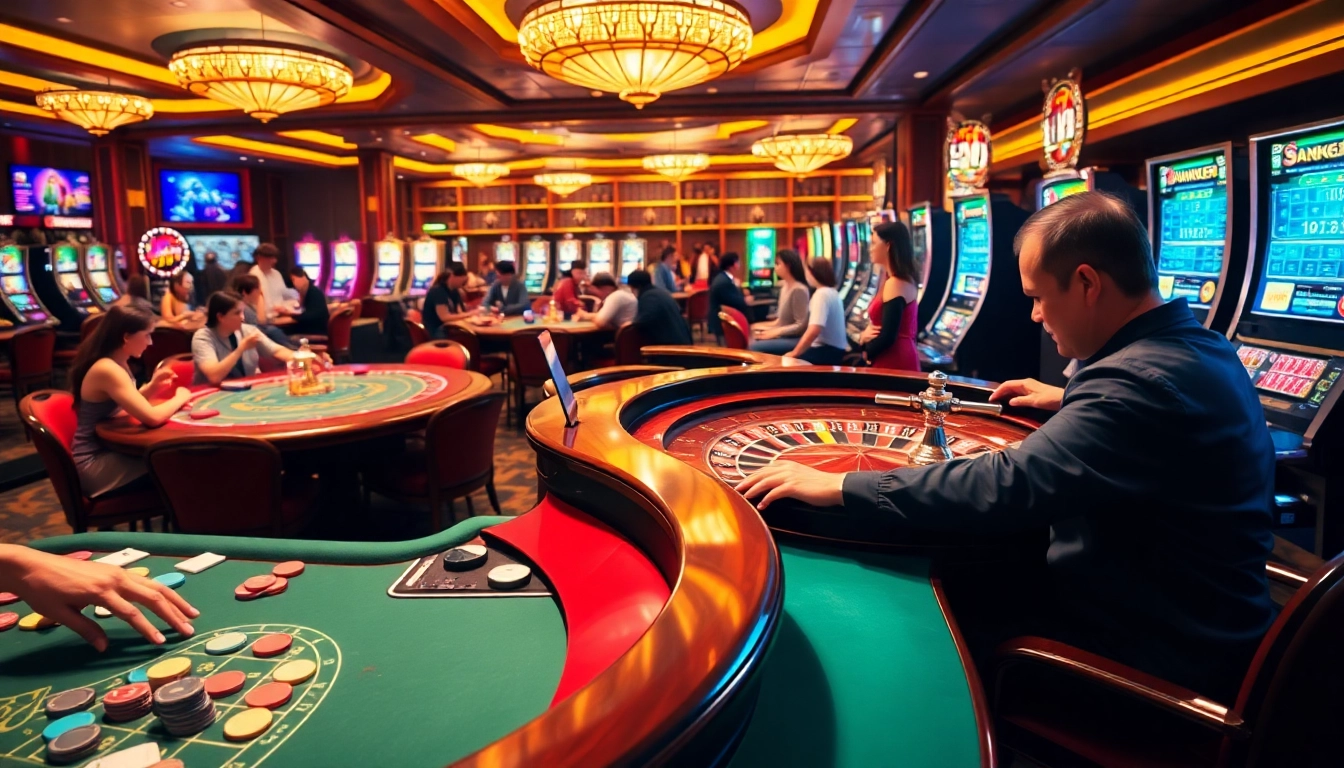 Engaging scene at trang chủ F8bet casino with players cheering at roulette tables and colorful chips in action.